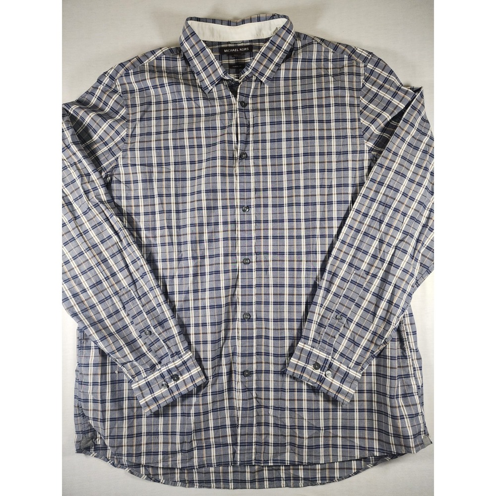 Michael Kors Mens 2XL XXL Blue Check Plaid Button Up Work Designer Collared